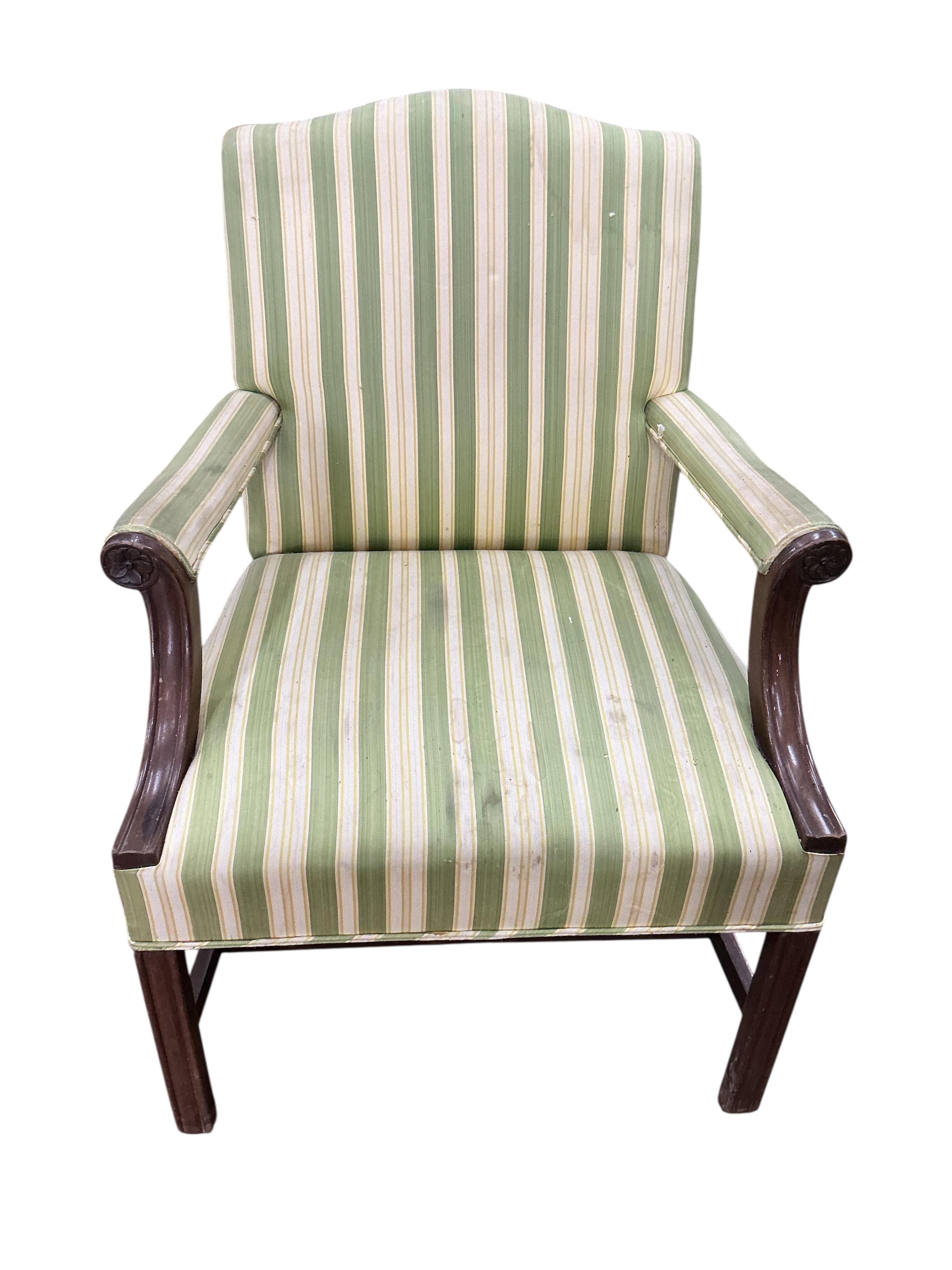 A set of five reproduction Gainsborough style upholstered mahogany elbow armchairs, width 66cm, depth 58cm, height 96cm